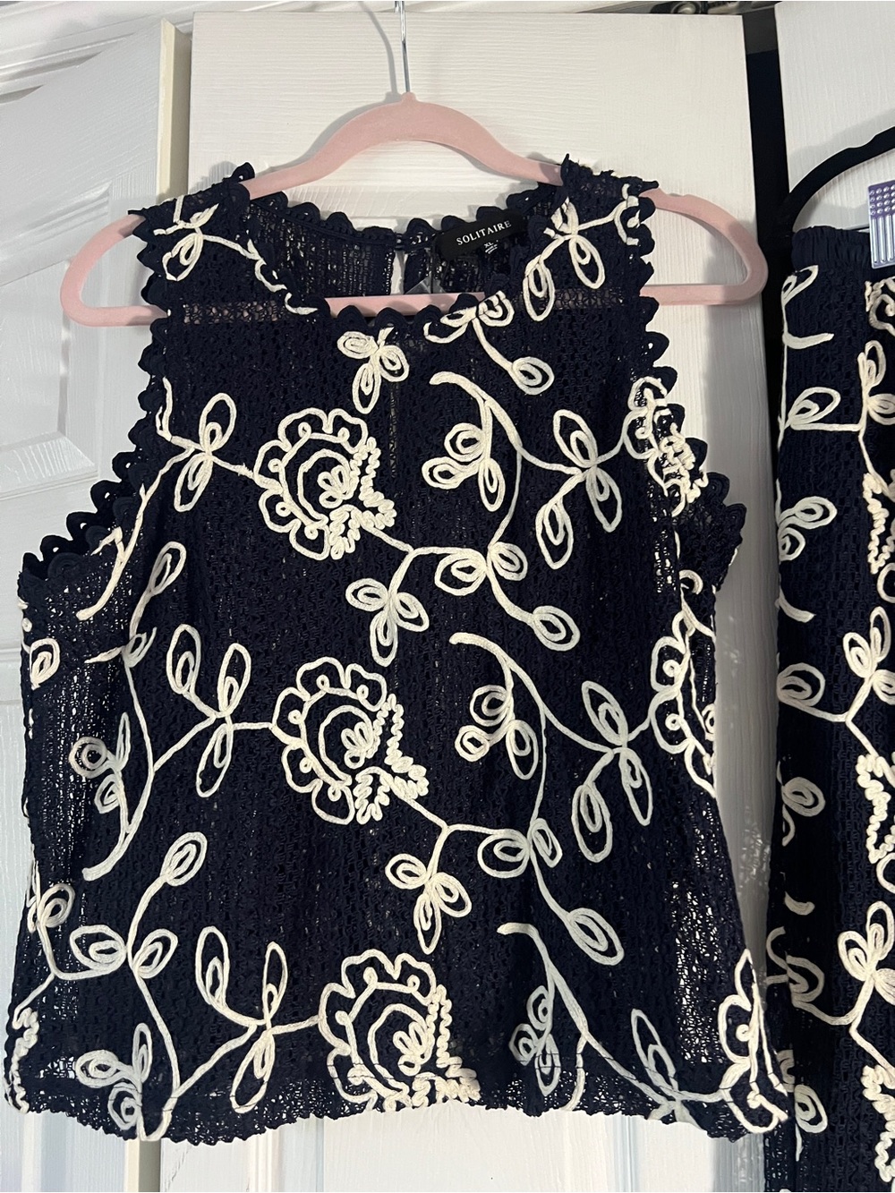 Solitaire Navy and Cream Crochet Top with Floral Swirls - Picture 3 of 10